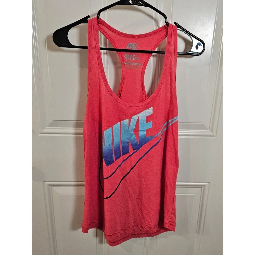 Nike Womens Loose Fit Racerback Tank Top Coral Pink Ombre Swoosh Logo Size S